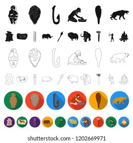 Life in the Stone Age flat icons in set collection for design. Ancient people vector symbol stock web illustration.