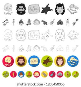 Life in the Stone Age flat icons in set collection for design. Ancient people vector symbol stock web illustration.