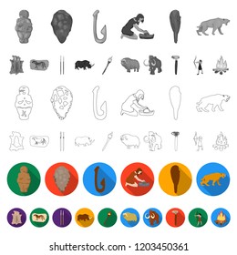 Life in the Stone Age flat icons in set collection for design. Ancient people vector symbol stock web illustration.