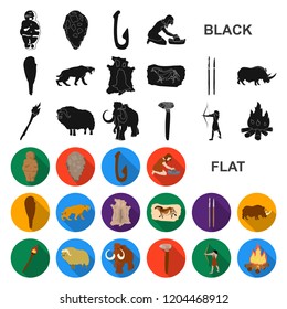 Life in the Stone Age flat icons in set collection for design. Ancient people vector symbol stock web illustration.