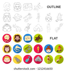 Life in the Stone Age flat icons in set collection for design. Ancient people vector symbol stock web illustration.