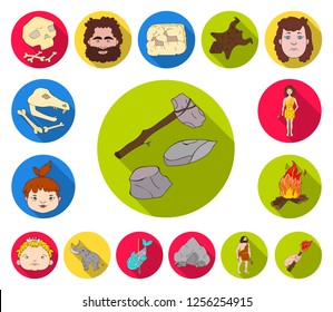 Life in the Stone Age flat icons in set collection for design. Ancient people vector symbol stock web illustration.