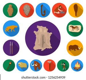 Life in the Stone Age flat icons in set collection for design. Ancient people vector symbol stock web illustration.