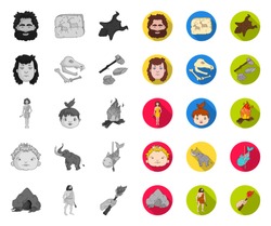 Life in the Stone Age mono,flat icons in set collection for design. Ancient people vector symbol stock web illustration.