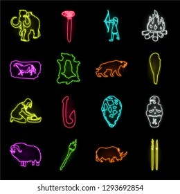 Life in the Stone Age neon icons in set collection for design. Ancient people vector symbol stock web illustration.