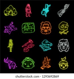 Life in the Stone Age neon icons in set collection for design. Ancient people vector symbol stock web illustration.