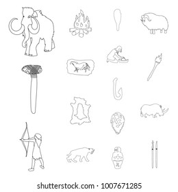 Life in the Stone Age outline icons in set collection for design. Ancient people vector symbol stock web illustration.