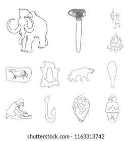 Life in the Stone Age outline icons in set collection for design. Ancient people vector symbol stock web illustration.
