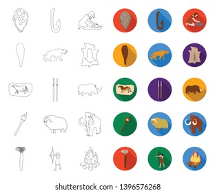 Life in the Stone Age outline,flat icons in set collection  design. Ancient people vector symbol stock web illustration.