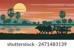 Life style of Asean in the morning while cow cart ahead to do work,vector illustration