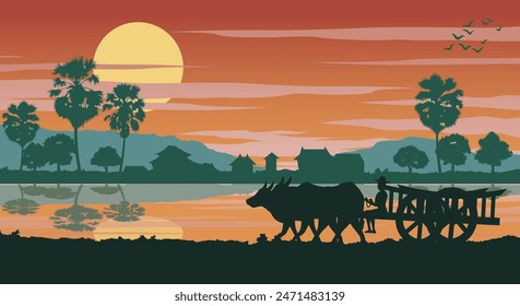 Life style of Asean in the morning while cow cart ahead to do work,vector illustration