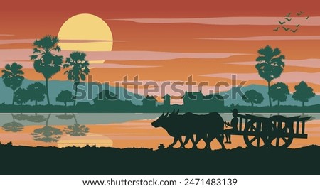 Life style of Asean in the morning while cow cart ahead to do work,vector illustration