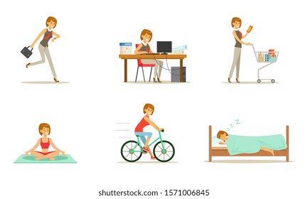 Life style and daily routine of a working woman. Set of vector illustrations.