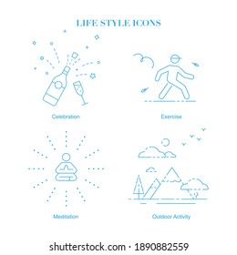 life style icon set monoline pictographs symbol sign graphic element asset exercise, outdoor activity, meditation, mindfulness, celebration, party, Champagne, wine, drinking, walking, enlightenment