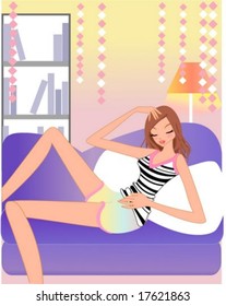 Life Style - sitting on sofa with beautiful smiling young female on a background of colorful wall : vector illustration