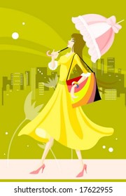 Life Style - walking beautiful smiling young female with shopping bag in pretty street of city on green background : vector illustration