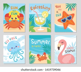 Life with summer! At the beach, sea sand sun, tropical green leaves. Meet crab, starfish, jellyfish and flamingo.Set of rectangle gift tag, card, postcard. Vector illustration.
