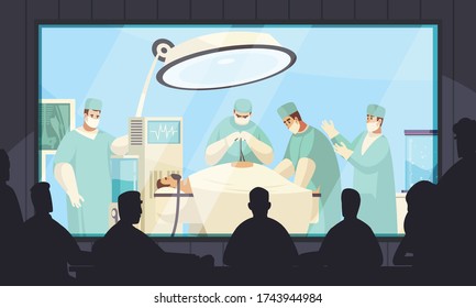 Life surgery big screen demonstration in darkened  room isometric composition with operating team patient audience vector illustration 