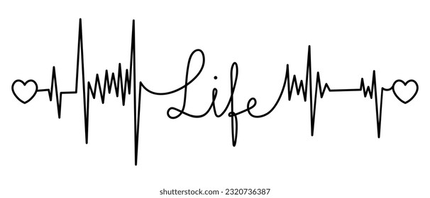 Life. The text is embellished with pulses and hearts. Sketch. Vector illustration. Broken zigzag line and handwritten inscription. Outline on isolated background. Idea for web design, invitations.