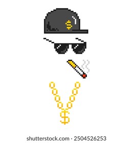 The life of a thug boss. Boss pixel attributes, bandit pixel glasses, gangster gold chain, cap and a cigar.