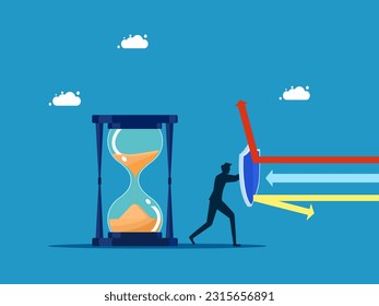 Life time protection. Businessman holding a shield to protect hourglass vector