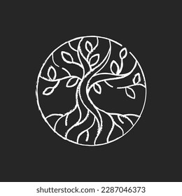 Life tree chalk white icon on black background. Metaphor for Torah. Earth and heaven connection. Hebrew creation myth. Eden Garden. Sacred tree. Isolated vector chalkboard illustration