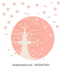 Life tree with falling leaves and flying birds peach hearts hopeful death notice