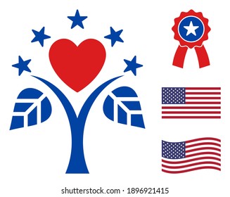Life tree icon in blue and red colors with stars. Life tree illustration style uses American official colors of Democratic and Republican political parties, and star shapes.