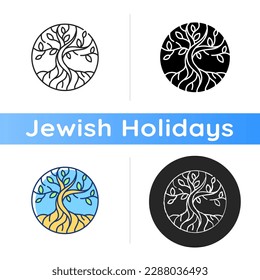 Life tree icon. Metaphor for Torah. Earth and heaven connection. Hebrew creation myth. Eden Garden. Sacred tree. Immortality. Linear black and RGB color styles. Isolated vector illustrations