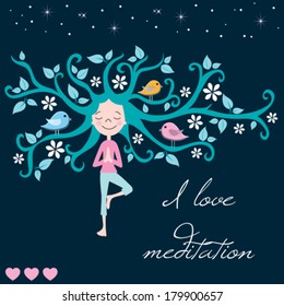 life tree meditation and girl vector illustration