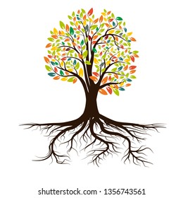 Life tree with roots . Vector illustration. Icon isolated on white background.