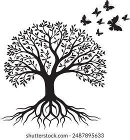 Life tree silhouette with butterfly vector illustration