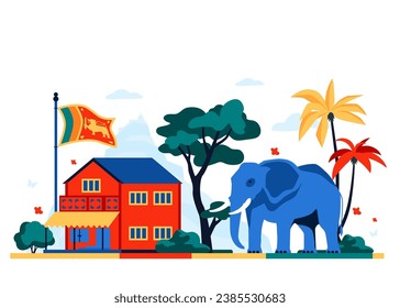 Life in the tropics - modern colored vector illustration with traditional wooden house and national flag of Sri Lanka, blue elephant, mountains and trees, palm trees. Feeling of relaxation and peace