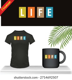 La vida tipografía texto camiseta y maqueta de la taza en la mesa blanca, diseño de cita mínima, concepto de estilo de vida limpio, presentación moderna simple de la ropa y del drinkware