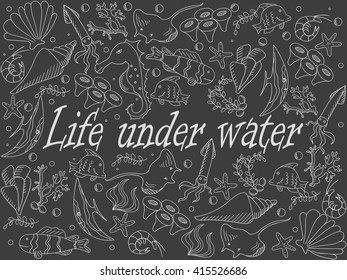 Life under water chalk line art design vector illustration. Sea bottom separate objects. Hand drawn doodle design elements.