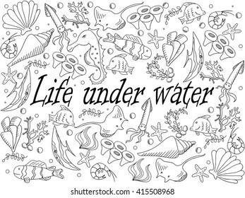 Life under water coloring book line art design vector illustration. Sea bottom separate objects. Hand drawn doodle design elements.