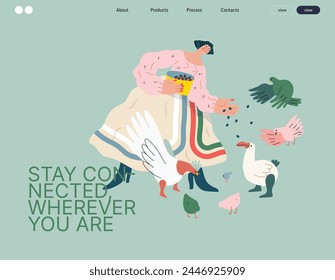 Life Unframed: Birds -modern flat vector concept illustration of a woman feeding birds. Metaphor of unpredictability, imagination, whimsy, cycle of existence, play, growth and discovery