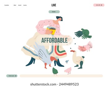 Life Unframed: Birds -modern flat vector concept illustration of a woman feeding birds. Metaphor of unpredictability, imagination, whimsy, cycle of existence, play, growth and discovery