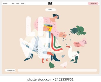 Life Unframed: Birds -modern flat vector concept illustration of a woman feeding birds. Metaphor of unpredictability, imagination, whimsy, cycle of existence, play, growth and discovery