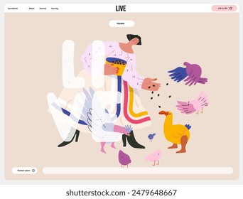 Life Unframed: Birds -modern flat vector concept illustration of a woman feeding birds. Metaphor of unpredictability, imagination, whimsy, cycle of existence, play, growth and discovery