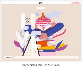 Life Unframed: Book universe -modern flat vector concept illustration of a reader on stack of books. Metaphor of unpredictability, imagination, whimsy, cycle of existence, play, growth and discovery