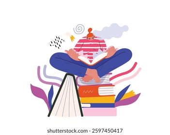 Life Unframed: Book universe -modern flat vector concept illustration of a reader on stack of books. Metaphor of unpredictability, imagination, whimsy, cycle of existence, play, growth and discovery