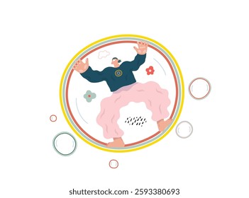 Life Unframed: Bubble -modern flat vector concept illustration of a man flying in the giant bubble. Metaphor of unpredictability, imagination, whimsy, cycle of existence, play, growth and discovery