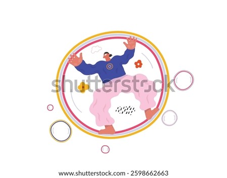 Life Unframed: Bubble -modern flat vector concept illustration of a man flying in the giant bubble. Metaphor of unpredictability, imagination, whimsy, cycle of existence, play, growth and discovery