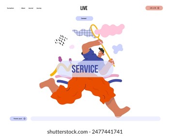 Life Unframed: Cloud catcher -modern flat vector concept illustration of running man with butterfly net. Metaphor of unpredictability, imagination, whimsy, cycle of existence, play, growth, discovery