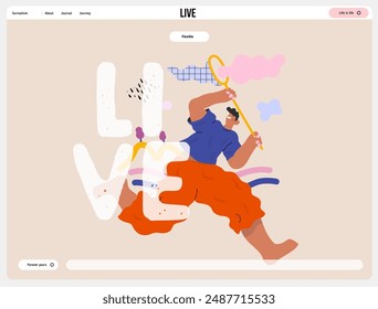 Life Unframed: Cloud catcher -modern flat vector concept illustration of running man with butterfly net. Metaphor of unpredictability, imagination, whimsy, cycle of existence, play, growth, discovery