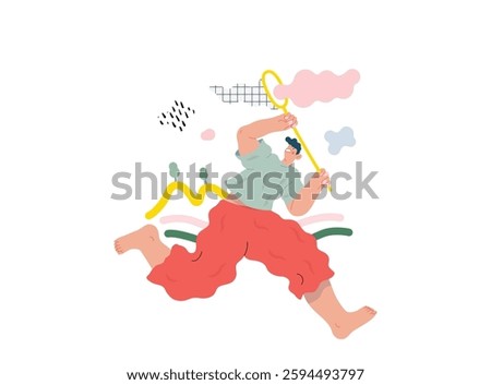 Life Unframed: Cloud catcher -modern flat vector concept illustration of running man with butterfly net. Metaphor of unpredictability, imagination, whimsy, cycle of existence, play, growth, discovery