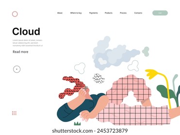 Life Unframed: Cloud dreamer -modern flat vector concept illustration of a girl watching clouds. Metaphor of unpredictability, imagination, whimsy, cycle of existence, play, growth and discovery