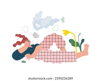 Life Unframed: Cloud dreamer -modern flat vector concept illustration of a girl watching clouds. Metaphor of unpredictability, imagination, whimsy, cycle of existence, play, growth and discovery