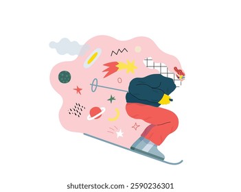 Life Unframed: Cosmic skier -modern flat vector concept illustration of a man skiing in the space. Metaphor of unpredictability, imagination, whimsy, cycle of existence, play, growth and discovery